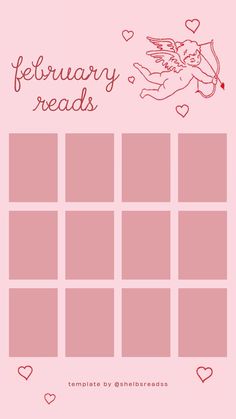 a pink calendar with hearts and an angel on it