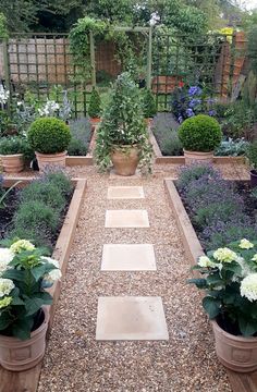 a garden filled with lots of plants and potted plants on top of gravel path