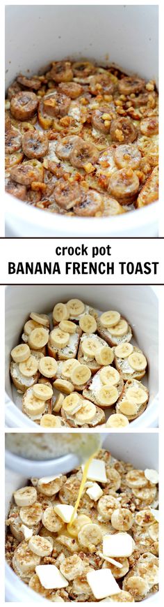 the process of making crock pot banana french toast casserole is shown in three pictures