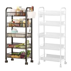 two different types of kitchen shelving on wheels