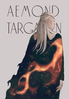 a woman with long white hair is standing in front of a poster that says, aemond targann