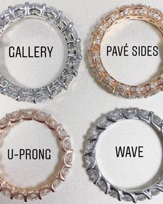 four different types of bracelets with names on them and the words gallery, pave sides, u - prong, and wave