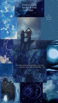 two people are standing in the middle of a collage with stars and moon images