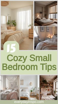 the collage shows different types of small bedroom furniture and decor, with text overlay that reads 15 cozy small bedroom tips