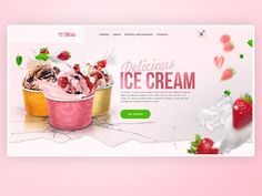 an ice cream shop landing page on a pink background with strawberries and other desserts