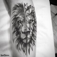 a black and white photo of a lion tattoo on the right arm with geometric shapes