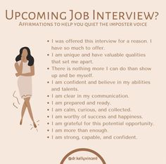 an advertisement with the words upcoming job interview written in brown and white on pink background