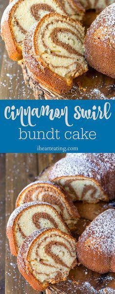 cinnamon swirl bundt cake with powdered sugar on top and the bottom half cut off