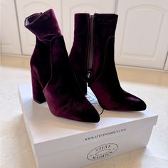 Steve Madden Pointed-Toe Block Heel Jaque Booties. 3.25 Inch Block Heel. 6.5 Inch Shaft; Pointed Closed-Toe Booties With Side Zippers. New In Box. Burgundy Ankle-high Heeled Boots For Winter, Winter Burgundy Ankle-high Heeled Boots, Trendy Burgundy Heeled Boots For Fall, Trendy Burgundy Boots For Winter, Trendy Burgundy Winter Boots, Purple Closed Toe Boots For Fall, Chic Burgundy Block Heel Boots, Fall Purple Closed Toe Boots, Burgundy Ankle-high Winter Boots