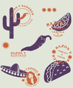 the logos for various mexican foods are shown in purple and orange colors on a white background