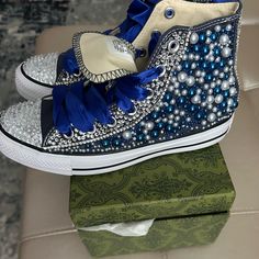 -Custom Blue Studded. Perfect Ensemble For Sneaker Ball Or Formal Size 8 And Gently Worn Maybe 2 Times. Silver High-top Sneakers With Bling, Bling Converse, All Stars Converse, Womens Converse, Converse Shoes, Womens Shoes Sneakers, Blue And Silver, All Star, Shoes Sneakers