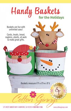 an advertisement for handmade christmas baskets with reindeer, snowman and santa claus hats