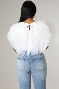 This cropped ruffle top is as flirty as it is flattering. The petal like details move flawlessly to reveal matching lining underneath. Pair with your favorite Jeans or dress it up with an elegant skirt. You can’t go wrong! Sizes: S-XXL Colors: Purple, White, Yellow, Pink, Black Tulle Tops, Ruffled Feathers, Chiffon Shorts, Ruffle Crop Top, Chiffon Fashion, Elegant Skirt, Sleeveless Crop Top, Casual Lace, Round Neck Tops