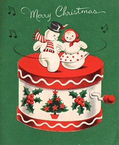 an old fashioned christmas card with two snowmen on top of a red and white cake