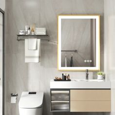 a white toilet sitting next to a bathroom sink under a large mirror above it's counter