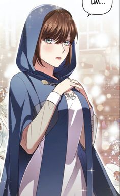 an anime character wearing a blue hoodie and holding her hands on her chest, looking at the camera