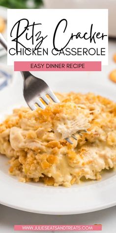 a white plate topped with chicken casserole and a fork