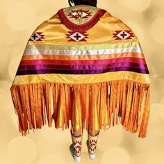 The one pictured is sold, but I can make others in your choice of colors within what I have available. Message me to ask more questions. Fringed, lined shawl, Dress with circle skirt, lined leggings, cape/vest with applique. Fancy Dance Regalia, Native American Ribbon Work, Grass Dance Outfits, Fancy Shawl Regalia, Powwow Outfits, Fancy Shawl, Shawl Outfit, Powwow Regalia, Jingle Dress