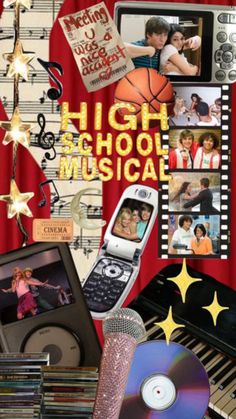 the cover of high school musical, with music and movies on it's sides