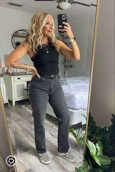 Tank Top Jeans Sneakers Outfit, Casual Edgy Spring Outfits, Flannel Around Waist Outfit Summer, Work Tank Top Outfit, Black Jeans Summer Outfit Casual, Black Jeans Outfit Date Night, Mom Going Out Outfits Night, Carnival Mom Outfit, Jeans And Tank Top Outfit Midsize