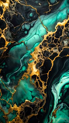 an abstract painting with gold and green paint on it's surface, as well as black