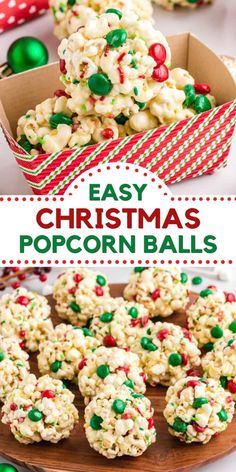 easy christmas popcorn balls recipe in a box and on a platter with candy canes