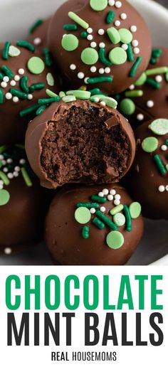 chocolate mint balls with green sprinkles in a white bowl