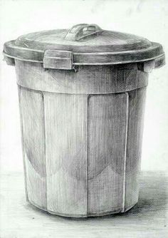 a pencil drawing of a trash can