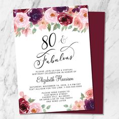 an elegant floral wedding card with the word 80 and fabulous on it