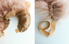 two pictures of tulle and ribbon on the floor