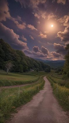 a dirt road in the middle of a lush green field under a full moon filled sky