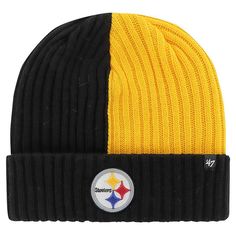 Warm up your noggin with a bold showing of Pittsburgh Steelers pride by adding this Fracture Cuffed Knit Hat from '47. The team-colored details and classic construction give you a spirited yet versatile look, while the embroidered graphics offer an added boost of flair. The toasty knit design makes this hat a strong choice when the temperature dips on Pittsburgh Steelers game day.Warm up your noggin with a bold showing of Pittsburgh Steelers pride by adding this Fracture Cuffed Knit Hat from '47 Pittsburgh Steelers Hats, Steelers Gear, Nfl Gear, Wedding Watch, 47 Brand, Pittsburgh Steelers, Knit Hat, Merry And Bright, Knit Beanie