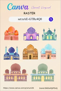 a poster with different types of buildings and domes on it's sides, including the name