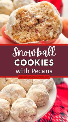 snowball cookies with pecans on a plate and in the background is a hand holding one