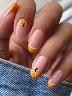 cute pumpkin nails: simple French tips November Nails Fall, Pumpkin Nail Designs, Pumpkin Nail, Pumpkin Nail Art, November Aesthetic, Nails Inspo Aesthetic, Fall Nail Inspo, Kutek Disney