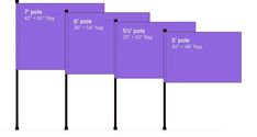 four purple flags are shown with the measurements for each one, and three different sizes