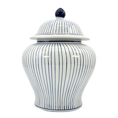 a blue and white striped jar with lid on a white background for decoration or design