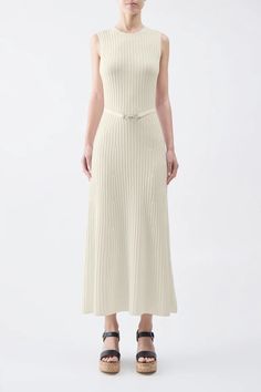 Luxury Dresses: Cashmere & Wool Dresses | Gabriela Hearst Elegant Cashmere Dresses, Elegant White Knit Midi Dress, Elegant Ribbed Knit Dress, Cream Ribbed Knit Dress, Elegant Ribbed Knit Midi Dress, Chic Cashmere Midi Dress, Chic Cream Knit Dresses, Elegant Beige Ribbed Dress, Elegant Fitted Winter White Dress