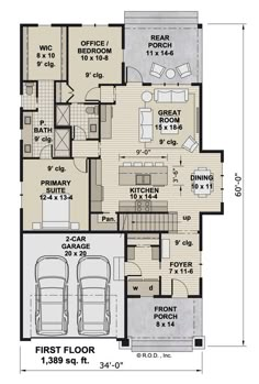 the first floor plan for a home with two car garages and an attached living area