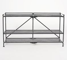 an iron shelf with three shelves on each side and one shelf below the shelf is empty