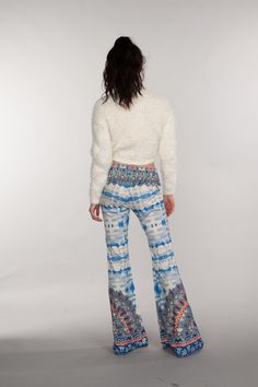 Boho, Bohemian, Print, Floral, Pants, Casual Wear, Bottoms, High Waisted Pants, Classic Pants, Festival Outfit, Multi Blue Stretch High-waisted Jeans, Blue Full Length Yoga Pants For Spring, Stretch High-waisted Blue Jeans, Non-stretch Blue Bottoms For Fall, Mid-rise Blue Bottoms For Fall, Blue Bohemian Wide Leg Jeans, Bohemian Blue Wide Leg Jeans, Blue Mid-rise Jeans With Elastic Waistband, Blue Full-length Bottoms For Spring