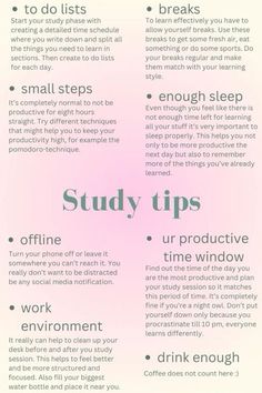 a pink and white poster with the words study tips