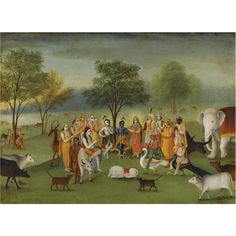 an old painting with people and animals in it