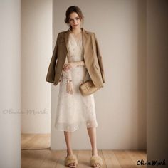 Olivia Mark - Elegant Long-Sleeve Dress Fall V-neck Midi Dress For Office, Fall A-line Midi Dress For Office, Spring V-neck Office Lady Dress, Feminine Mid-length Midi Dress For Fall, Fall Long Sleeve Office Midi Dress, Elegant Winter Midi Dress For Day Out, Feminine Long Sleeve Beige Midi Dress, Fall V-neck Office Lady Dress, Feminine Beige Long Sleeve Midi Dress