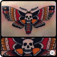 two pictures of moths with skulls on their backs and wings, one is painted in orange and the other is black