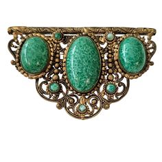 Peking Bezel Set Glass Cab Filigree Victorian Style Brooch L360 This Outstanding Victorian Style Brooch Is A Unique Find For Any Costume Jewelry Collector And Jewelry Lover. It Features Three Oval-Shaped Peking Glass Cabochon Bezel Sets And Defines The Main Components Of The Intricately Filigree-Style Gold Tone Metal Base Setting. Smaller Matching Peking Glass Cabochons Are Situated On The Center Of Scroll Patterns. Peking Glass Is Known For Its Aesthetic Appeal And Collectability. It Measures Approximately 2.7 Inches In Width And 1.7 Inches In Length. The Back Has A Secure Locking Pin That Functions Properly And Is In Good Vintage Condition. This Beautiful Piece Of Jewelry Will Make A Scroll Pattern, Small Jewelry, Victorian Style, Jewelry Lover, Metal Base, Gold Tone Metal, Bezel Setting, Victorian Fashion, Green And Gold