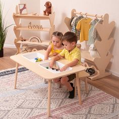 two children sitting at a table playing with wooden toys in a child's playroom