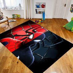 a spiderman rug on the floor in a child's room