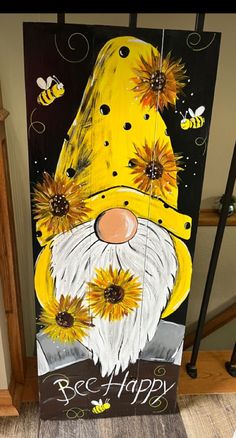 a painting of a man with sunflowers on his hat and beard is shown