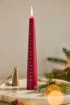 a red candle sitting on top of a white plate next to a christmas ornament